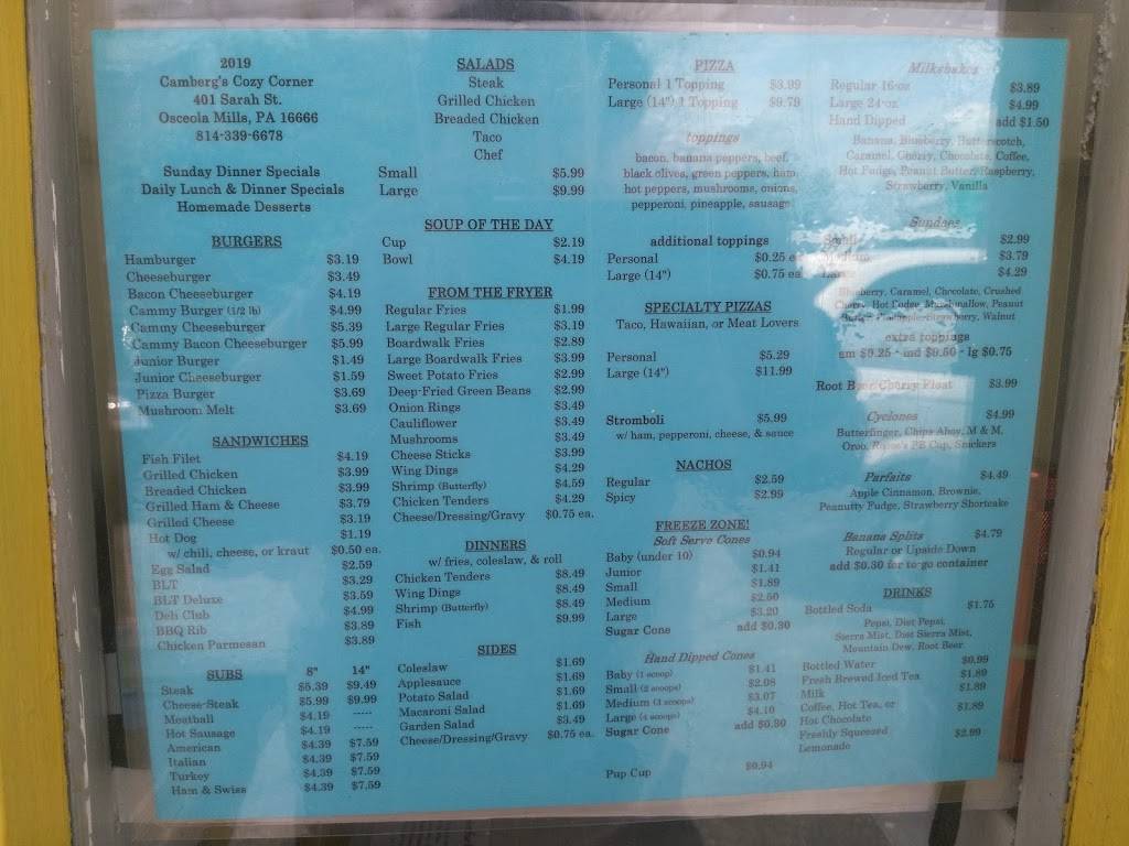 Cambergs Cozy Corner | restaurant | 401 Sarah St, Osceola Mills, PA 16666, USA | 8143396678 OR +1 814-339-6678