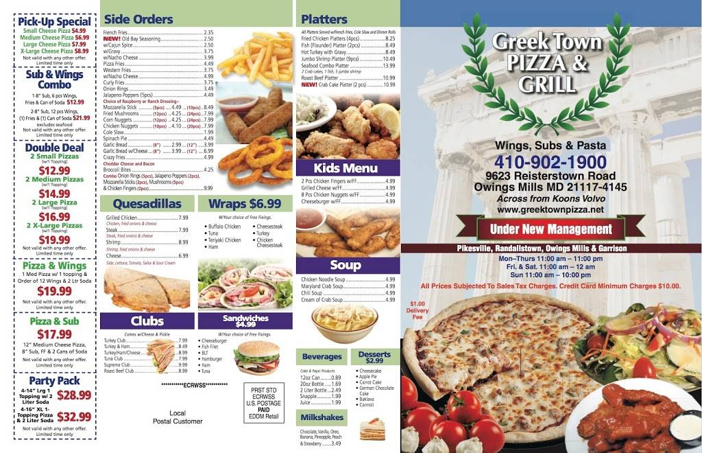 Greek Town Pizza & Grill | restaurant | 9623 Reisterstown Rd, Owings Mills, MD 21117, USA | 4109021900 OR +1 410-902-1900