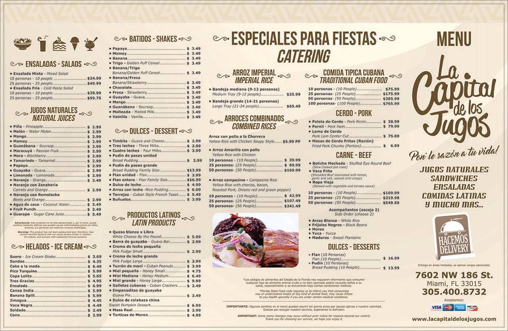 La Capital de Los Jugos | restaurant | 7602 NW 186th St, Hialeah, FL 33015, USA | 3054008635 OR +1 305-400-8635
