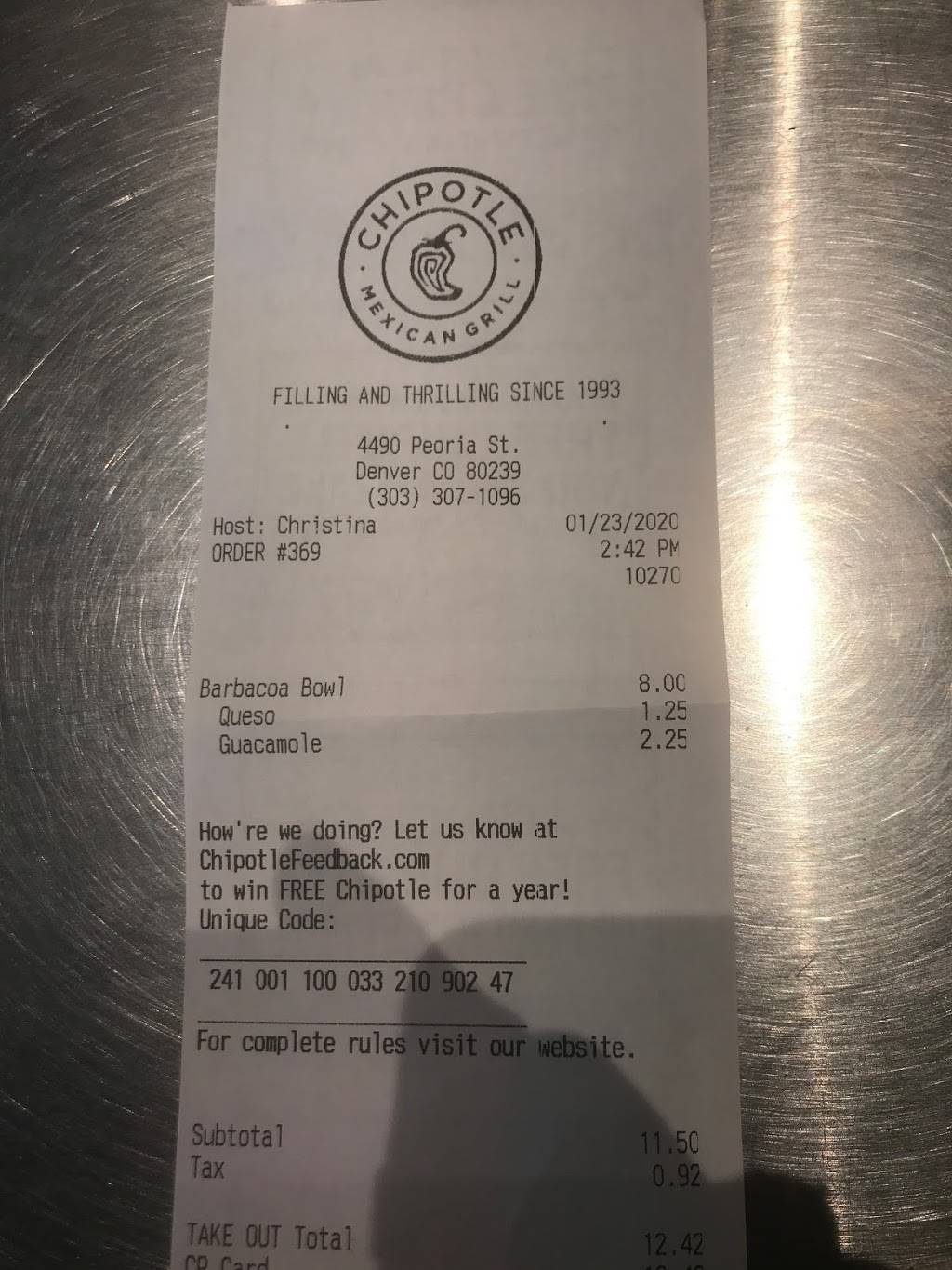 Chipotle Mexican Grill | restaurant | 4490 Peoria St, Denver, CO 80239, USA | 3033071096 OR +1 303-307-1096