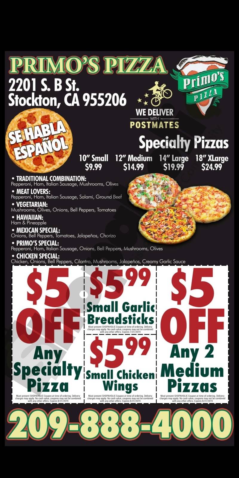 Primos pizza | meal takeaway | 2201 S B St, Stockton, CA 95206, USA | 2098884000 OR +1 209-888-4000