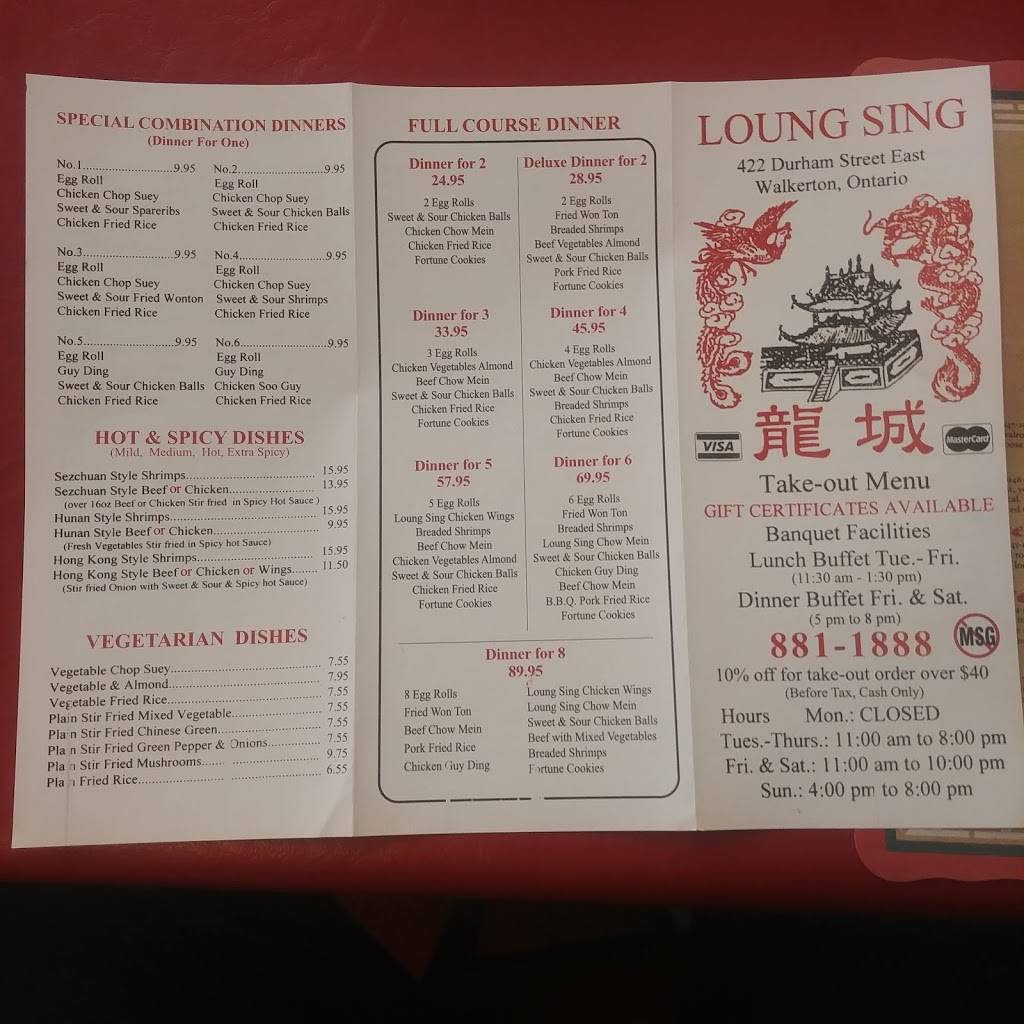 Loung Sing Restaurant | restaurant | 422 Durham St E, Walkerton, ON N0G 2V0, Canada | 5198811888 OR +1 519-881-1888