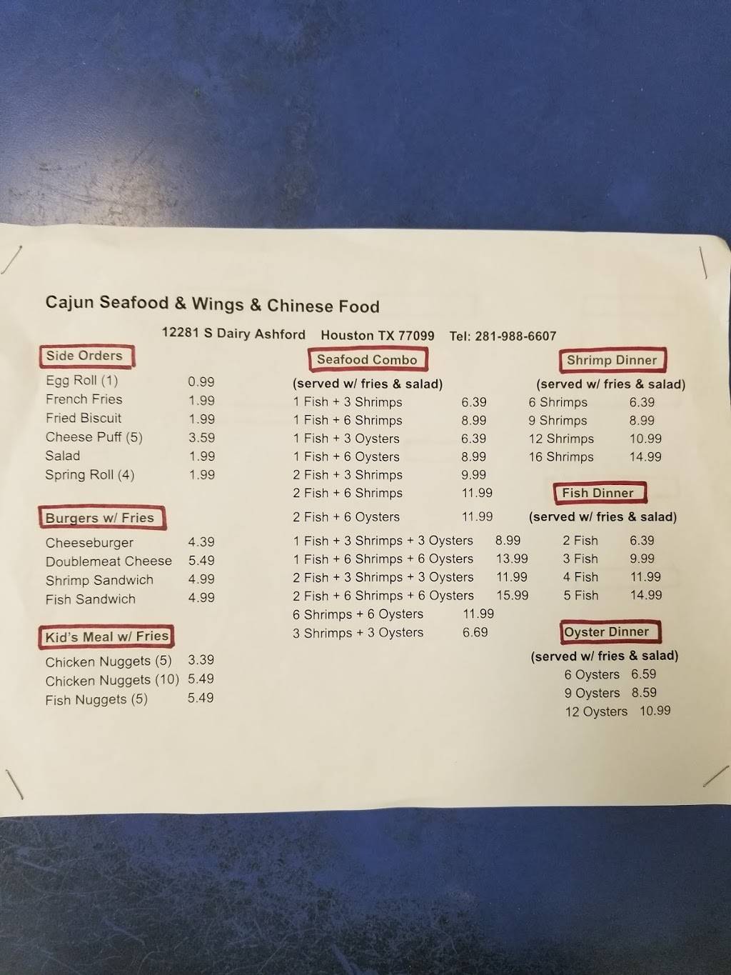 Cajun Seafood & Wings | restaurant | 12281 S Dairy Ashford Rd, Houston, TX 77099, USA | 2819886607 OR +1 281-988-6607