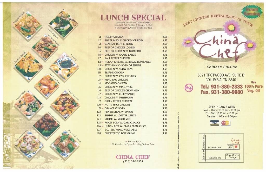 China Chef | restaurant | 5021 Trotwood Ave # D2, Columbia, TN 38401, USA | 9313802333 OR +1 931-380-2333