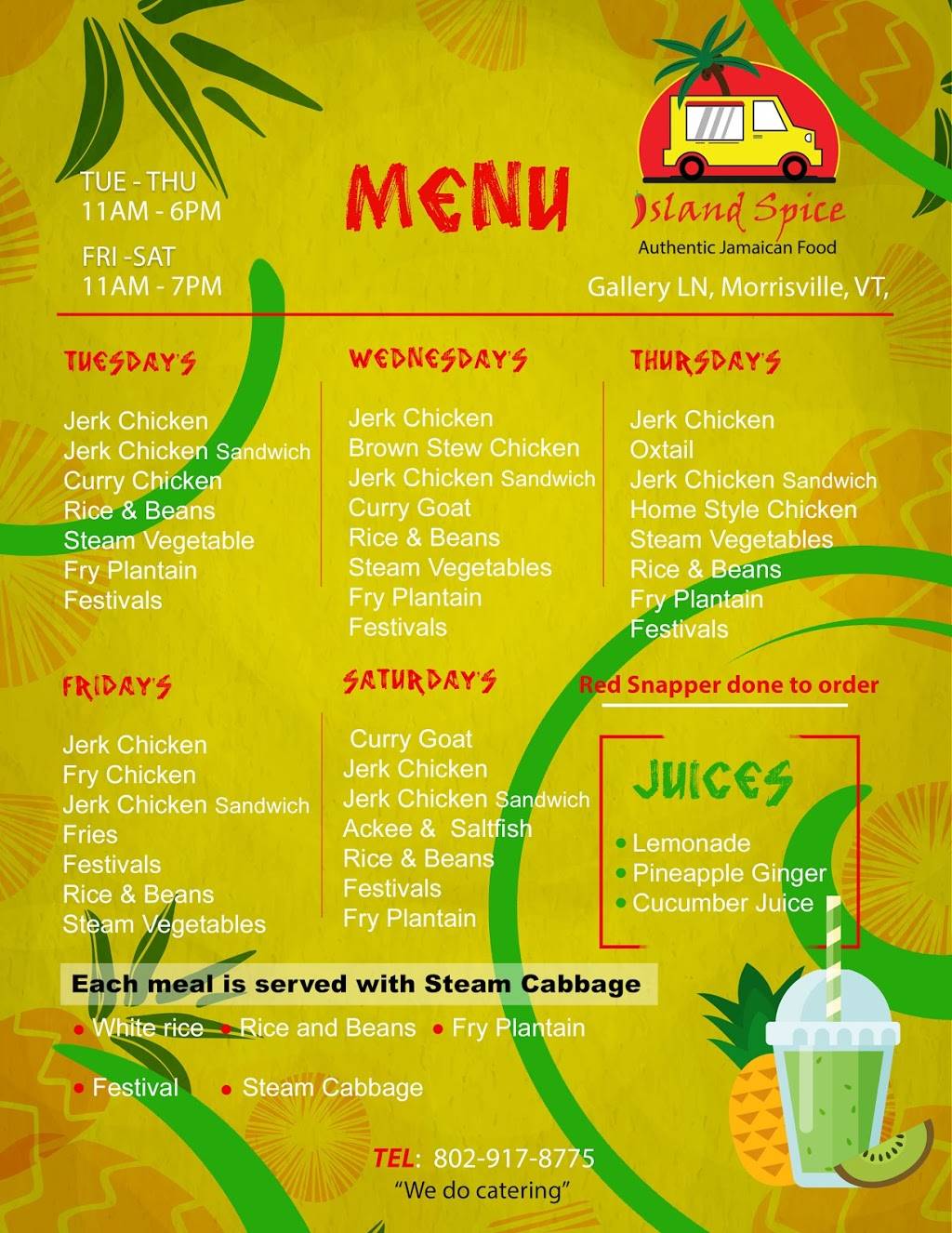 Island spice Jamaican food truck | restaurant | 610 Brook Rd, Wolcott, VT 05680, USA | 8029178775 OR +1 802-917-8775