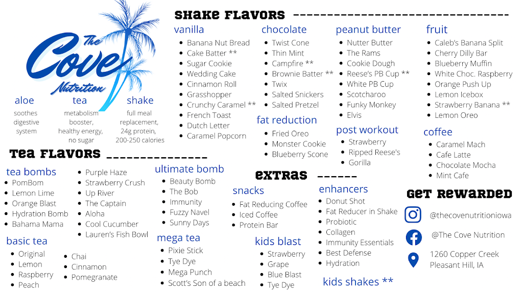 The Cove Nutrition | restaurant | 1260 Copper Creek Dr, Pleasant Hill, IA 50327, USA | 5157290604 OR +1 515-729-0604