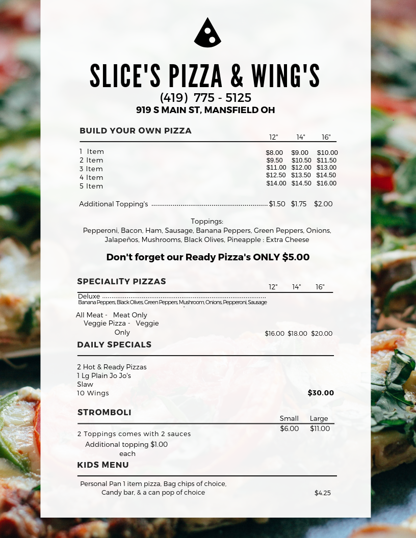 Slices Pizza, Wing’s & Drive-thru | restaurant | 919 S Main St, Mansfield, OH 44907, USA | 4197755125 OR +1 419-775-5125