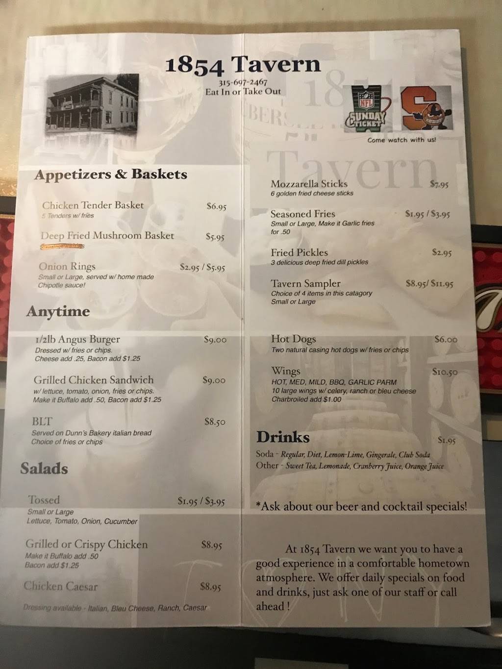 1854 Tavern | restaurant | 150 Canal St, Canastota, NY 13032, USA | 3156972467 OR +1 315-697-2467