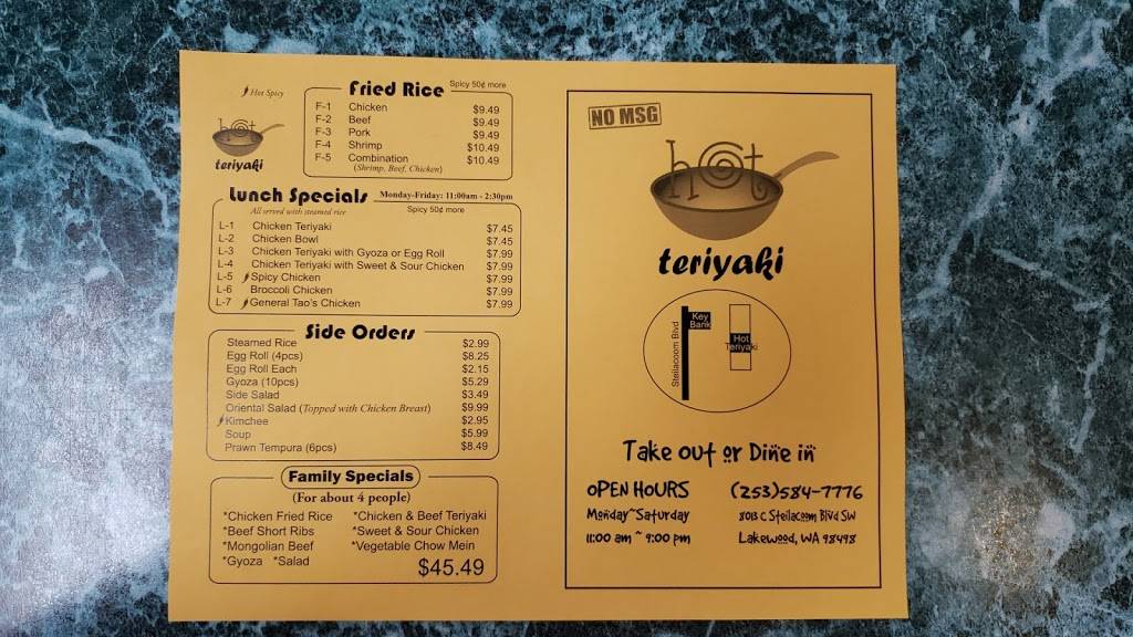 Hot Teriyaki | restaurant | 8013 Steilacoom Blvd SW C, Lakewood, WA 98498, USA | 2535847776 OR +1 253-584-7776