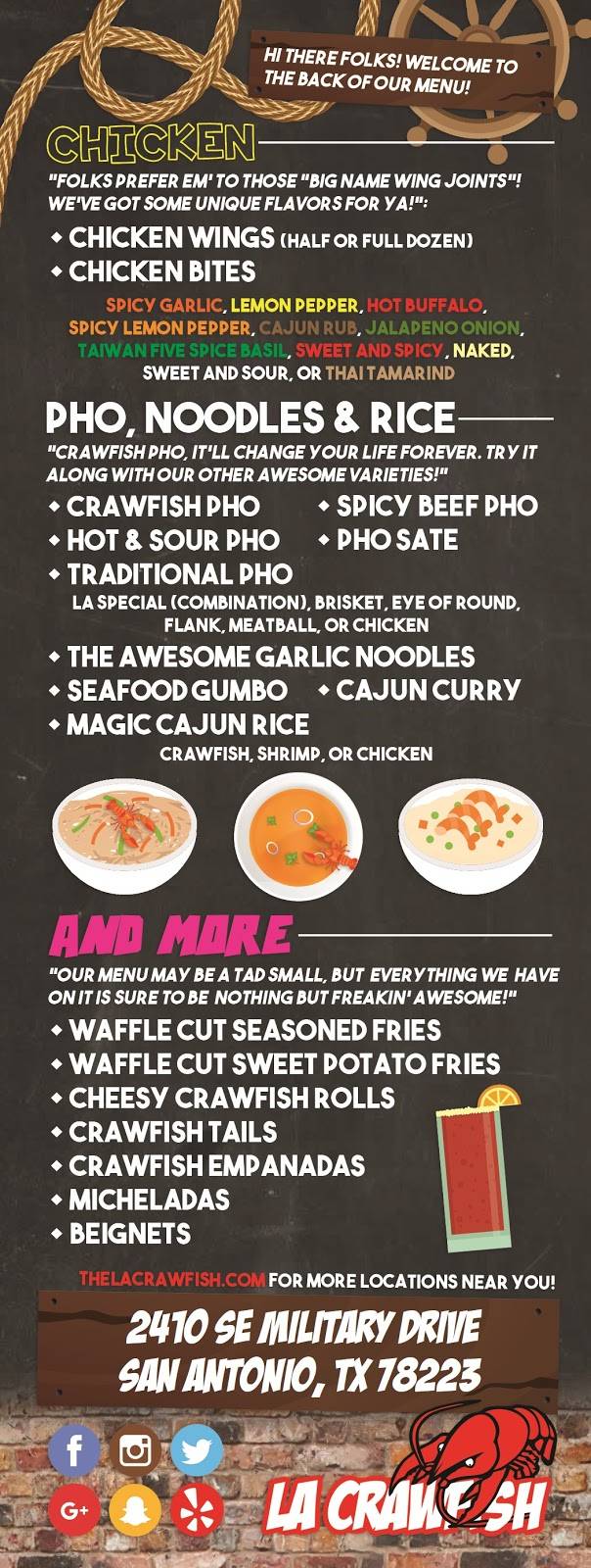 LA Crawfish - City Base Commons | restaurant | 2410 SE Military Dr, San Antonio, TX 78223, USA | 2104559444 OR +1 210-455-9444