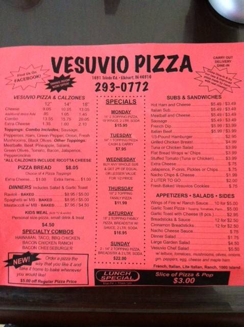Vesuvio Pizza | restaurant | 1651 Toledo Rd, Elkhart, IN 46516, USA | 5742930772 OR +1 574-293-0772