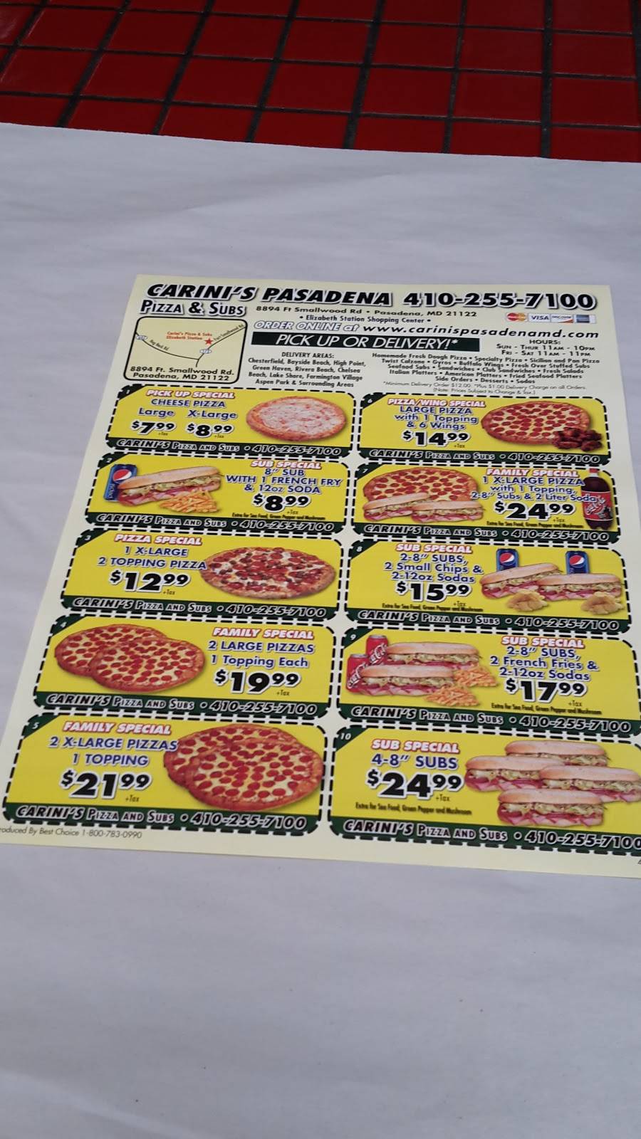 Carinis Pizza and Subs Pasadena | meal delivery | 8894 Fort Smallwood Rd #7, Pasadena, MD 21122, USA | 4102557100 OR +1 410-255-7100