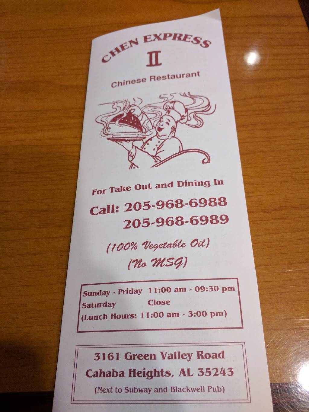 Chen Express II | restaurant | 3161 Green Valley Rd, Vestavia Hills, AL 35243, USA | 2059686988 OR +1 205-968-6988