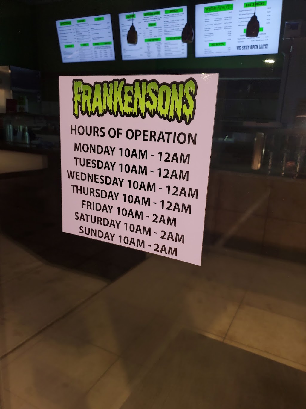 Frankensons | restaurant | 8334 S Maryland Pkwy, Las Vegas, NV 89123, USA | 7027490080 OR +1 702-749-0080