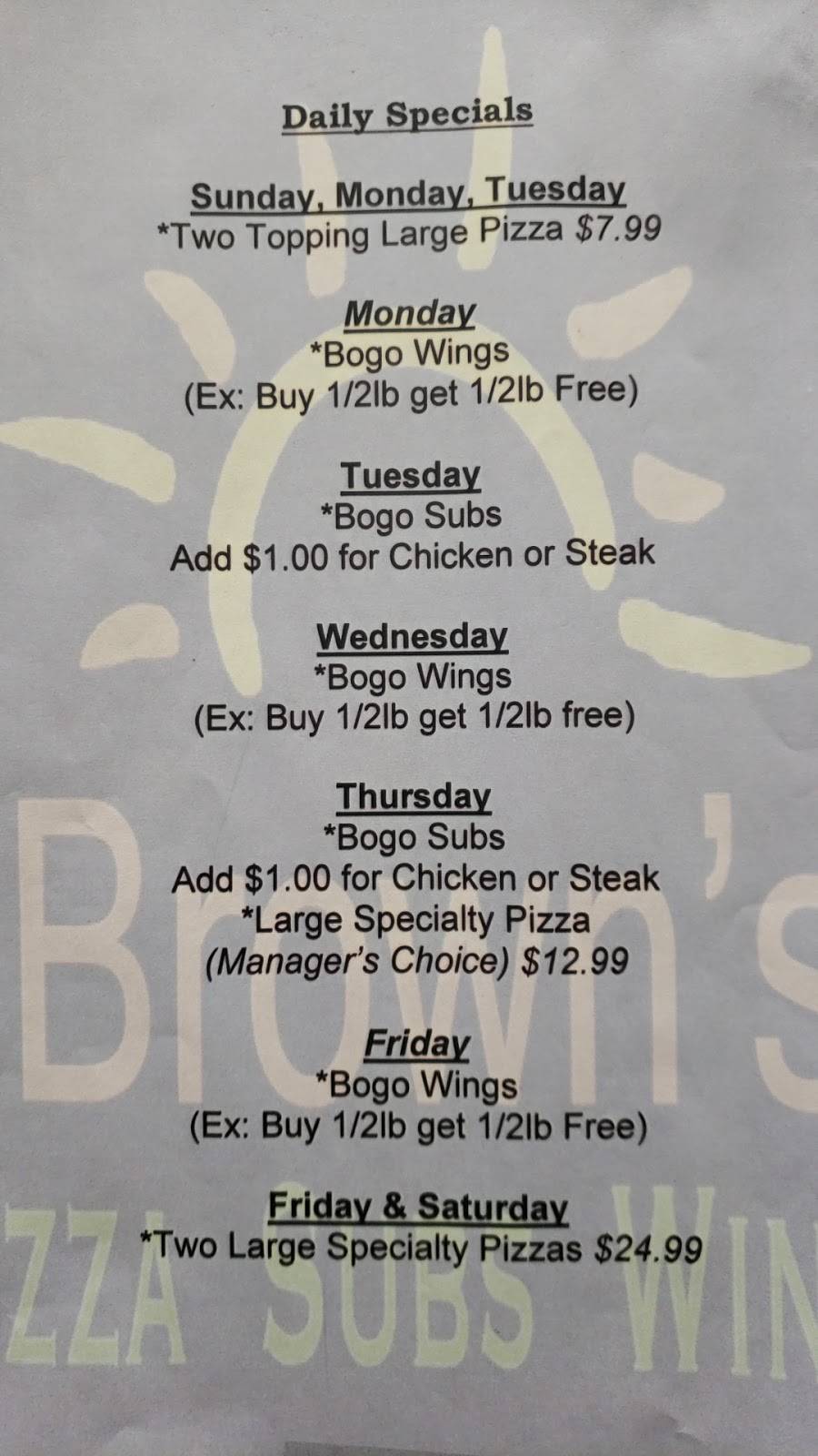 Brown’s Pizza and Subs | restaurant | 2010 Black River St, Deckerville, MI 48427, USA | 8103760022 OR +1 810-376-0022