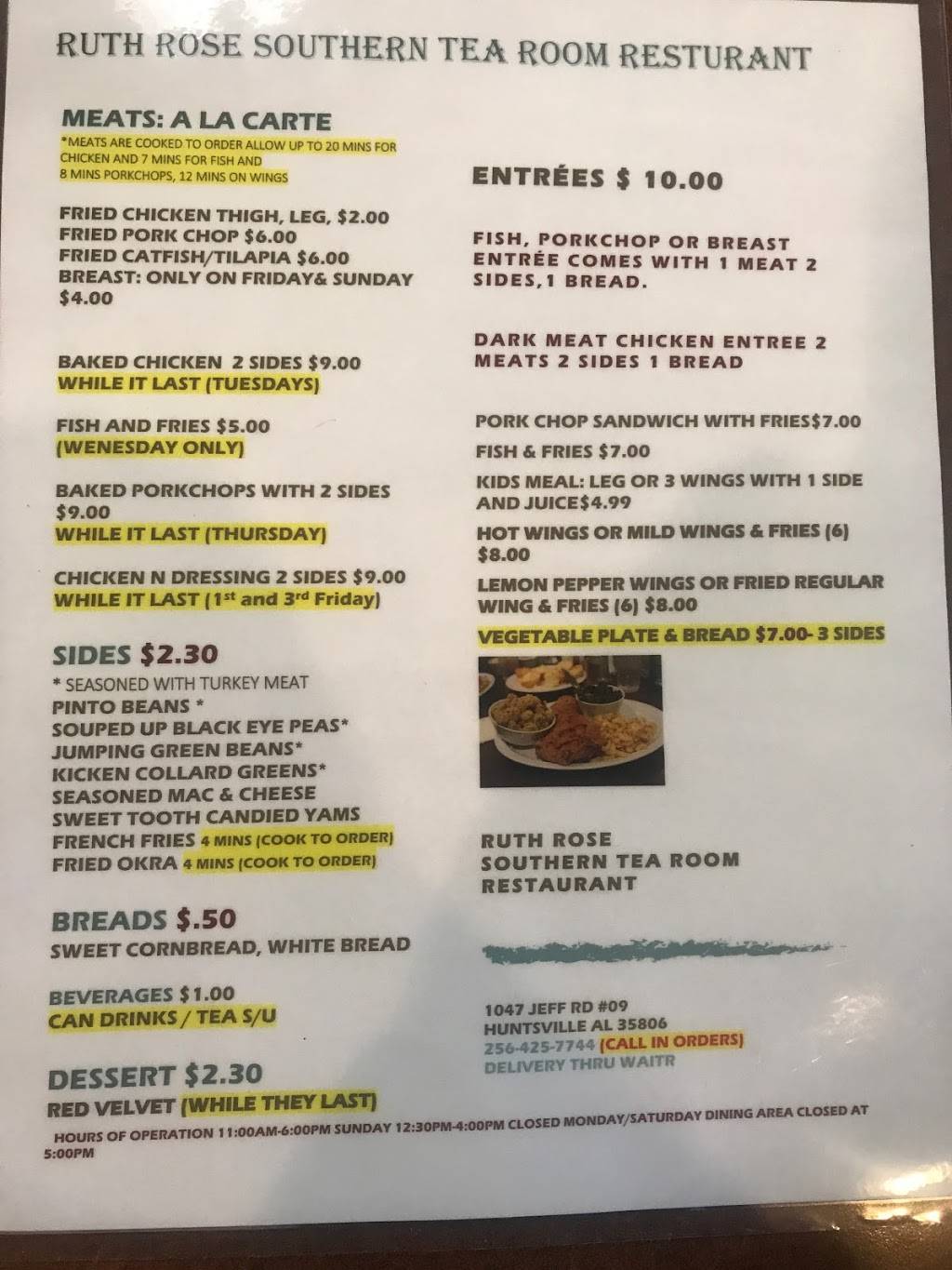 Ruth’s Southern Soul Food Tea Room | restaurant | 1047 Jeff Rd NW #9, Huntsville, AL 35806, USA | 2564257744 OR +1 256-425-7744