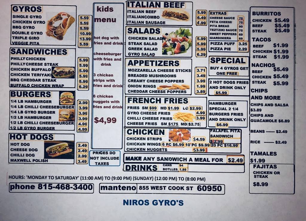 Niros Gyros | restaurant | 855 W Cook St, Manteno, IL 60950, USA | 8154683400 OR +1 815-468-3400