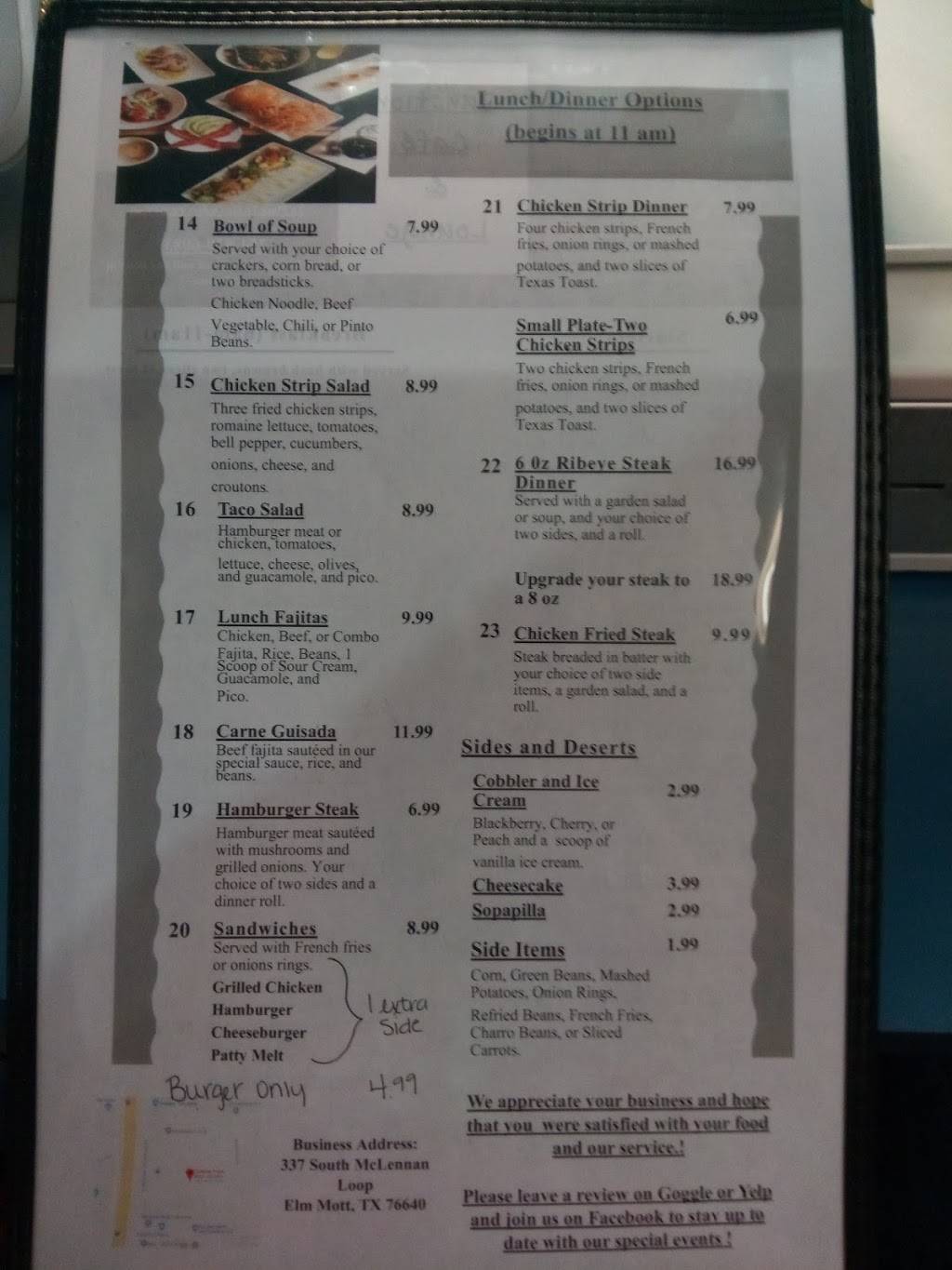 Junction Cafe | restaurant | 337 S McLennan Loop, Elm Mott, TX 76640, USA | 2548296083 OR +1 254-829-6083