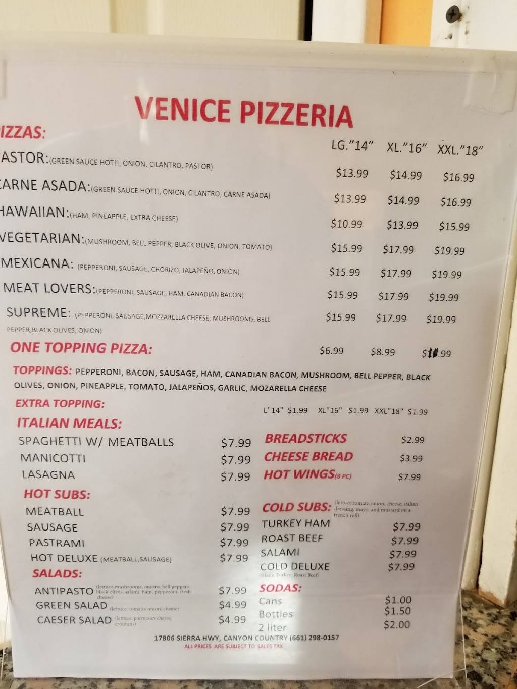Venice Pizzeria | restaurant | 17806 Sierra Hwy, Santa Clarita, CA 91351, USA | 6612980157 OR +1 661-298-0157