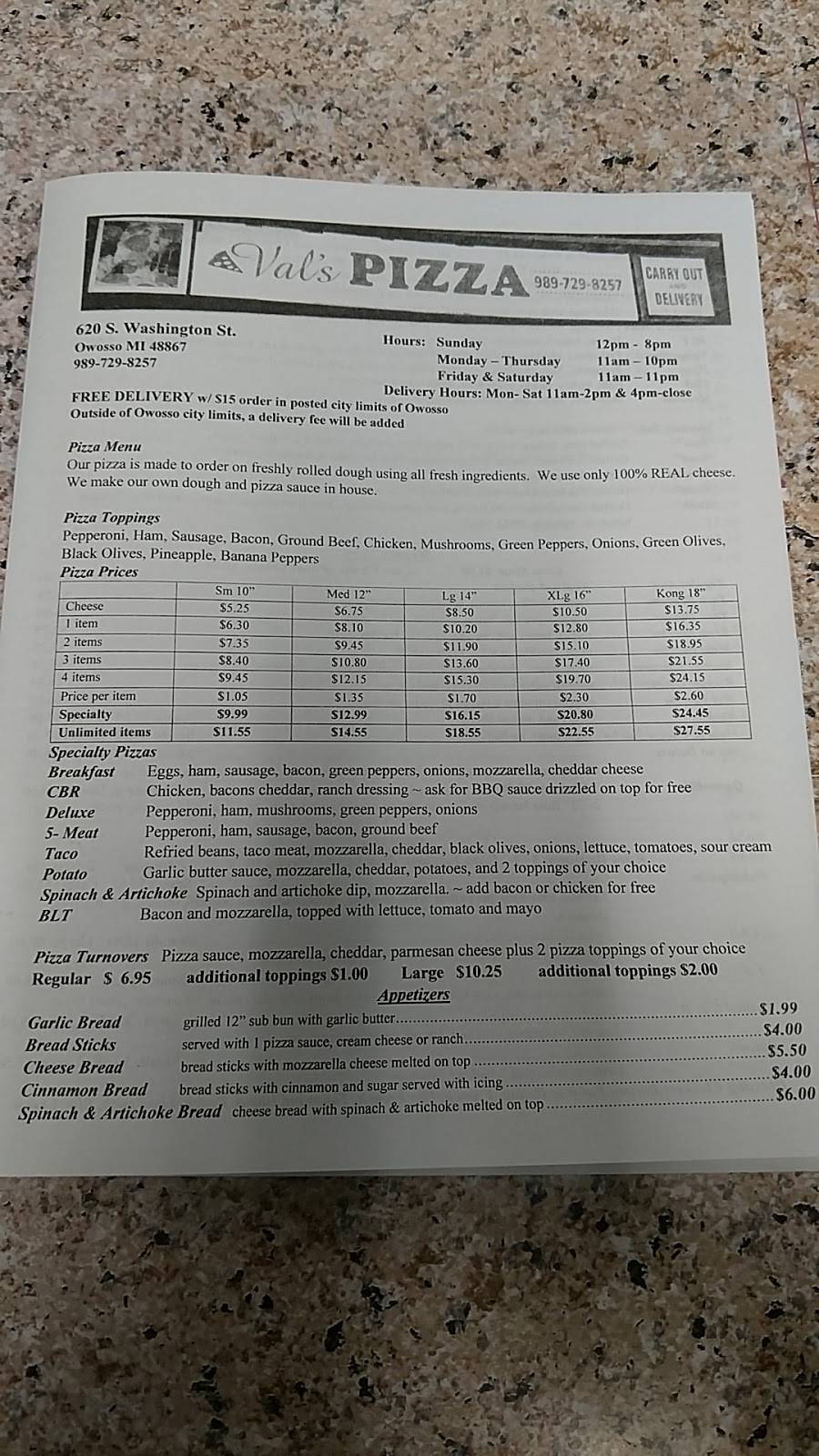 Vals Pizza | restaurant | 620 S Washington St, Owosso, MI 48867, USA | 9897298257 OR +1 989-729-8257