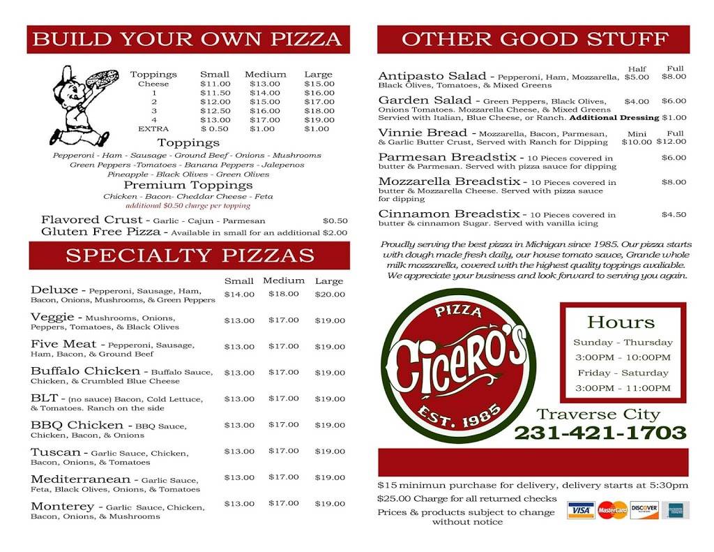 Ciceros Pizza | restaurant | 1779 S Garfield Ave A, Traverse City, MI 49686, USA | 2314211703 OR +1 231-421-1703