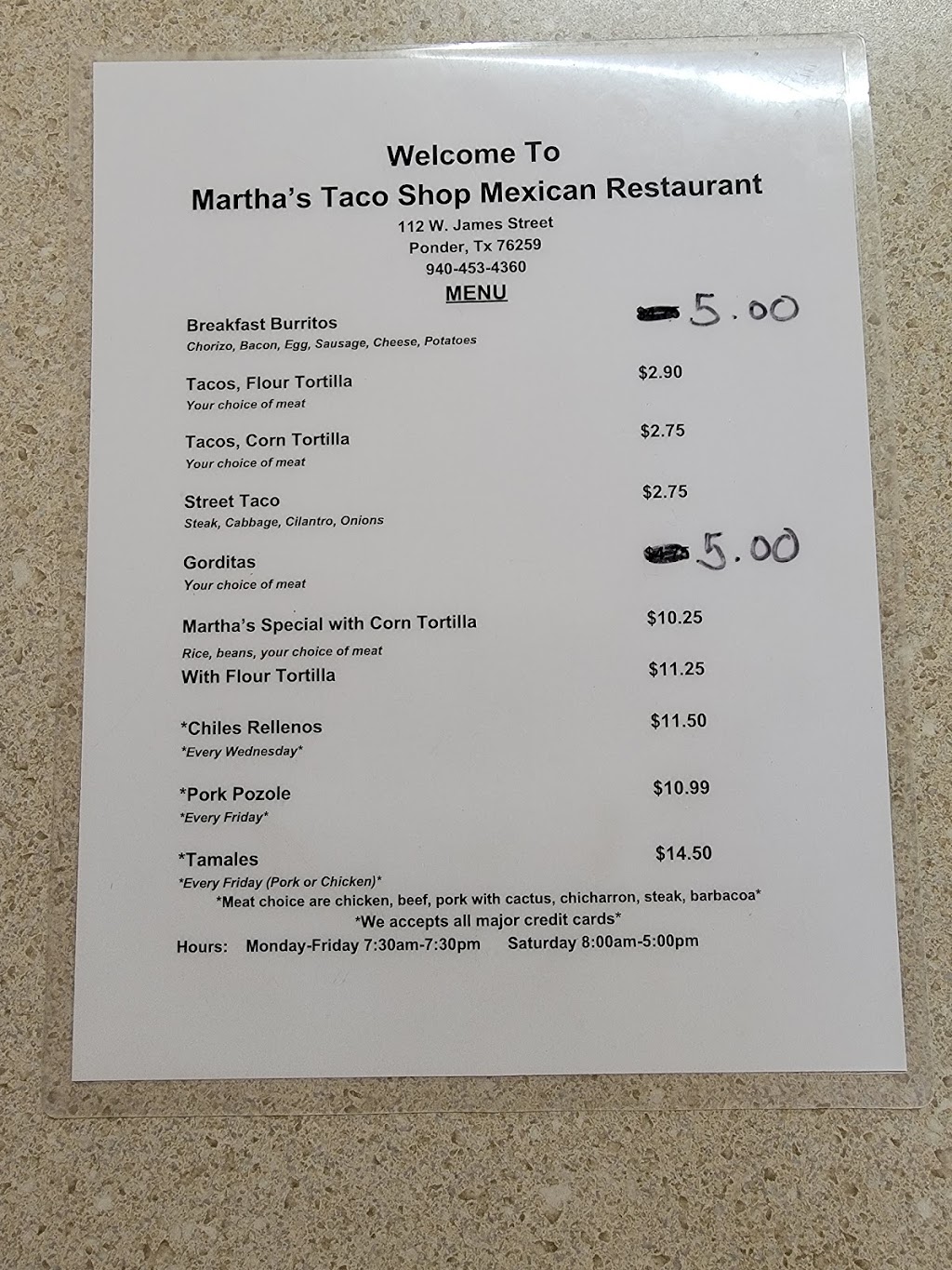 Marthas Taco Shop Mexican Restaurant | restaurant | 112 W James St, Ponder, TX 76259, USA | 9404534360 OR +1 940-453-4360