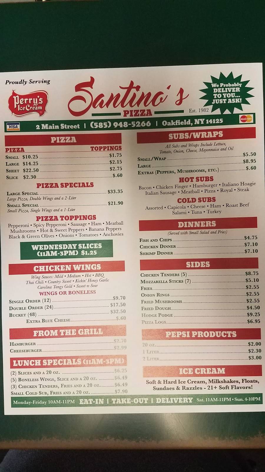 Santinos Pizza | restaurant | 2 Main St, Oakfield, NY 14125, USA | 5859485266 OR +1 585-948-5266