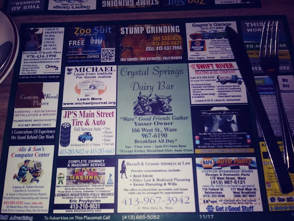 Crystal Springs Dairy Bar | restaurant | 166 West St, Ware, MA 01082, USA | 4139676190 OR +1 413-967-6190