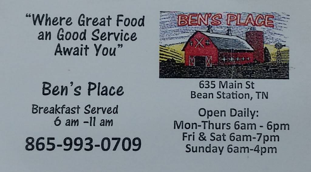Bens Place | restaurant | 635 Main St, Bean Station, TN 37708, USA | 8659930709 OR +1 865-993-0709