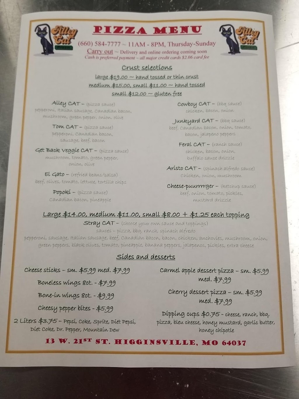 Alley Cat Pizza | restaurant | 13 W 21st St, Higginsville, MO 64037, USA | 6605847777 OR +1 660-584-7777