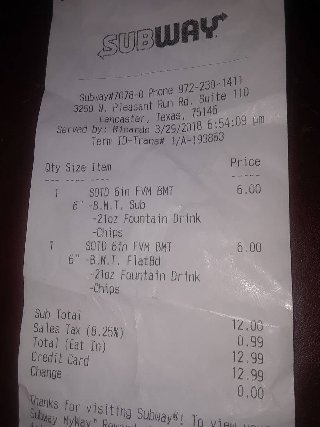 Subway Restaurants | restaurant | 3250 W Pleasant Run Rd Suite 110, Lancaster, TX 75146, USA | 9722301411 OR +1 972-230-1411