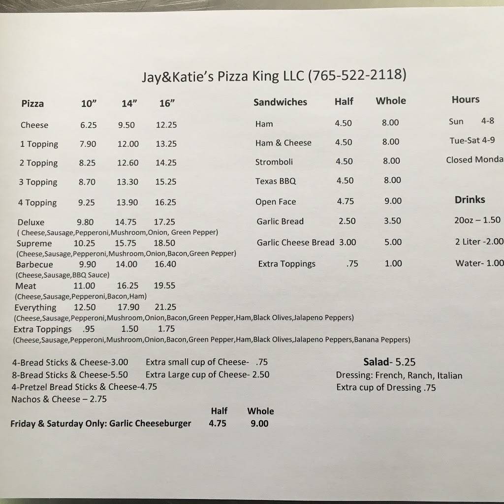 Roachdale pizza king Jay&katies | restaurant | 204 N Meridian St, Roachdale, IN 46172, USA | 7655222118 OR +1 765-522-2118