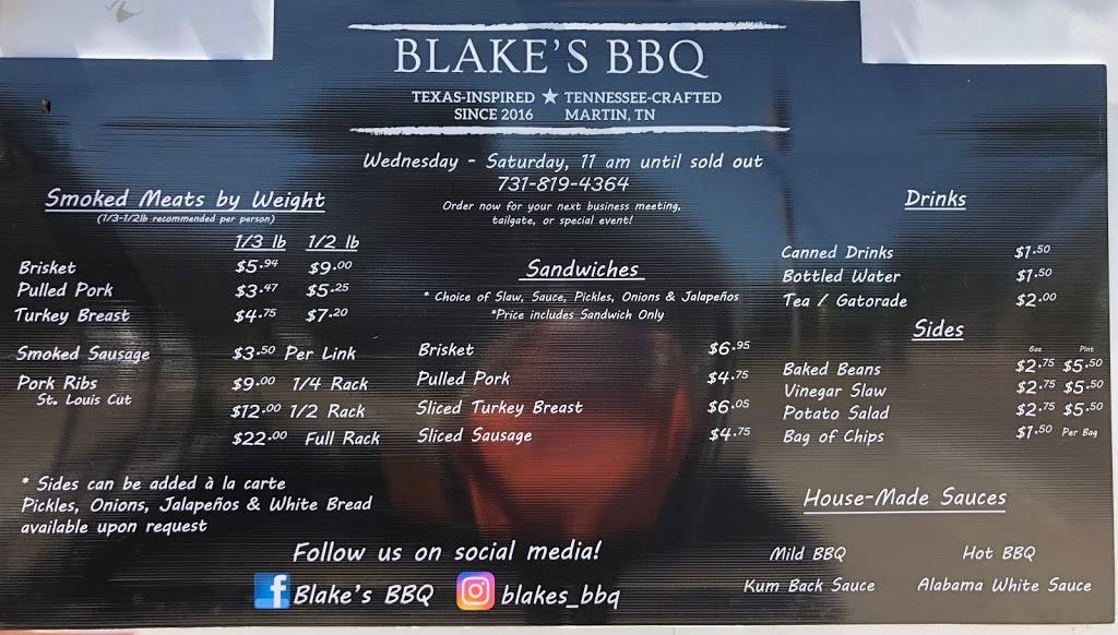 Blake’s BBQ | restaurant | 312 N Lindell St, Martin, TN 38237, USA | 7318194364 OR +1 731-819-4364
