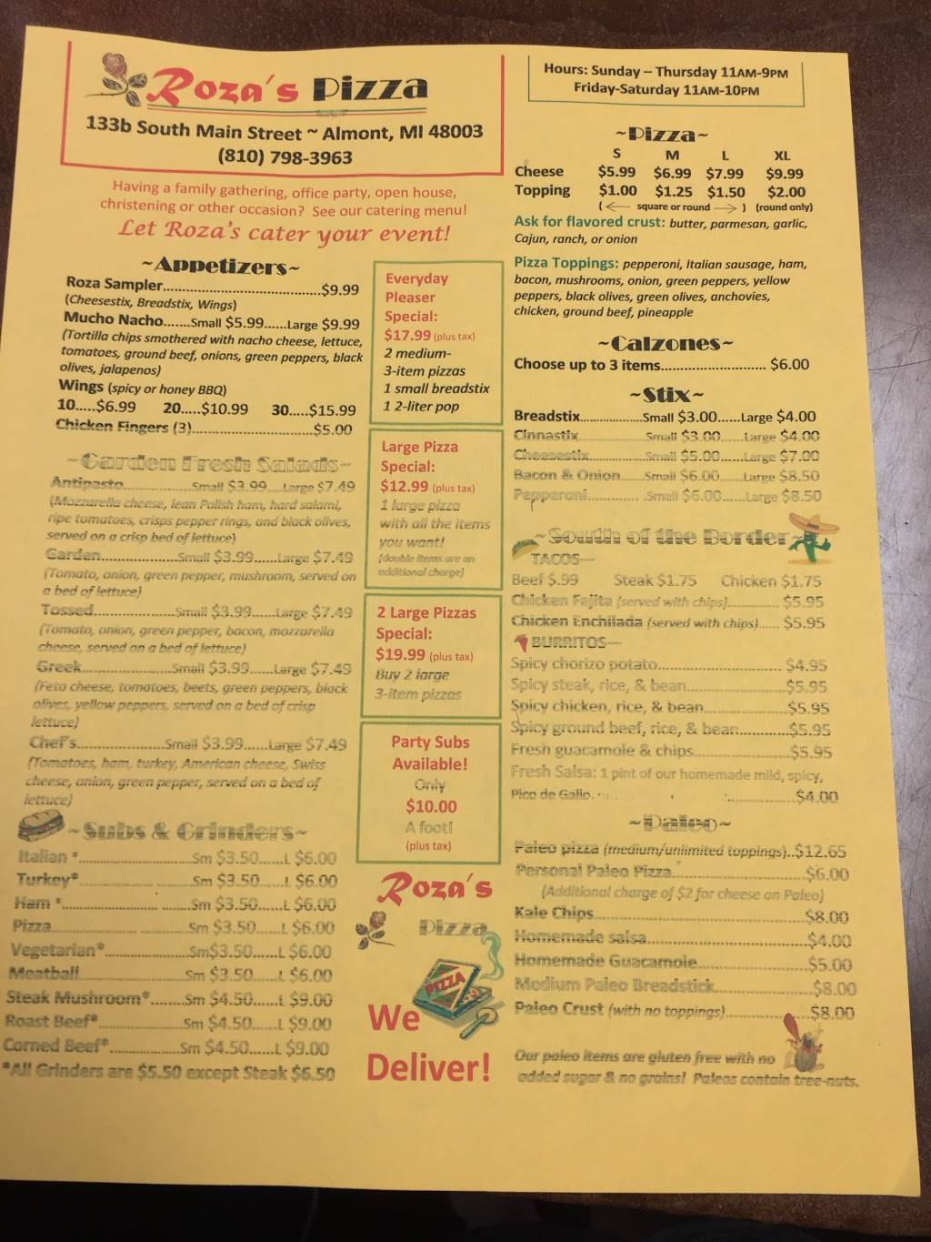 Almont Rozas Pizza | restaurant | 133 S Main St B, Almont, MI 48003, USA | 8107983963 OR +1 810-798-3963