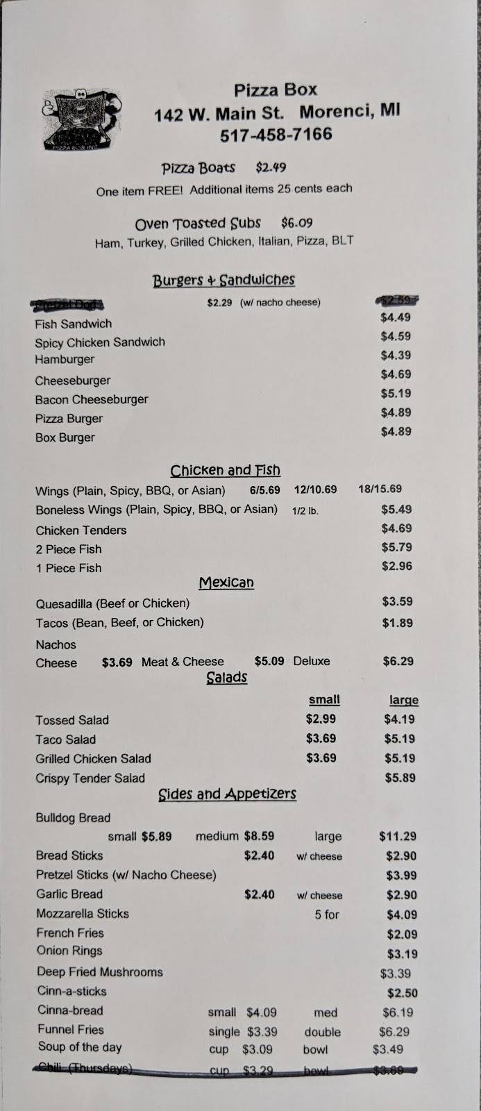 Pizza Box | restaurant | 142 W Main St, Morenci, MI 49256, USA | 5174587166 OR +1 517-458-7166