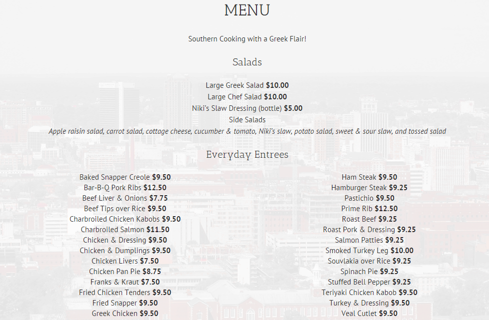 Nikis Restaurant Downtown | restaurant | 1101 2nd Avenue North, On the corner of I-65 and 2nd Ave North Downtown Birmingham, Birmingham, AL 35203, USA | 2052511972 OR +1 205-251-1972