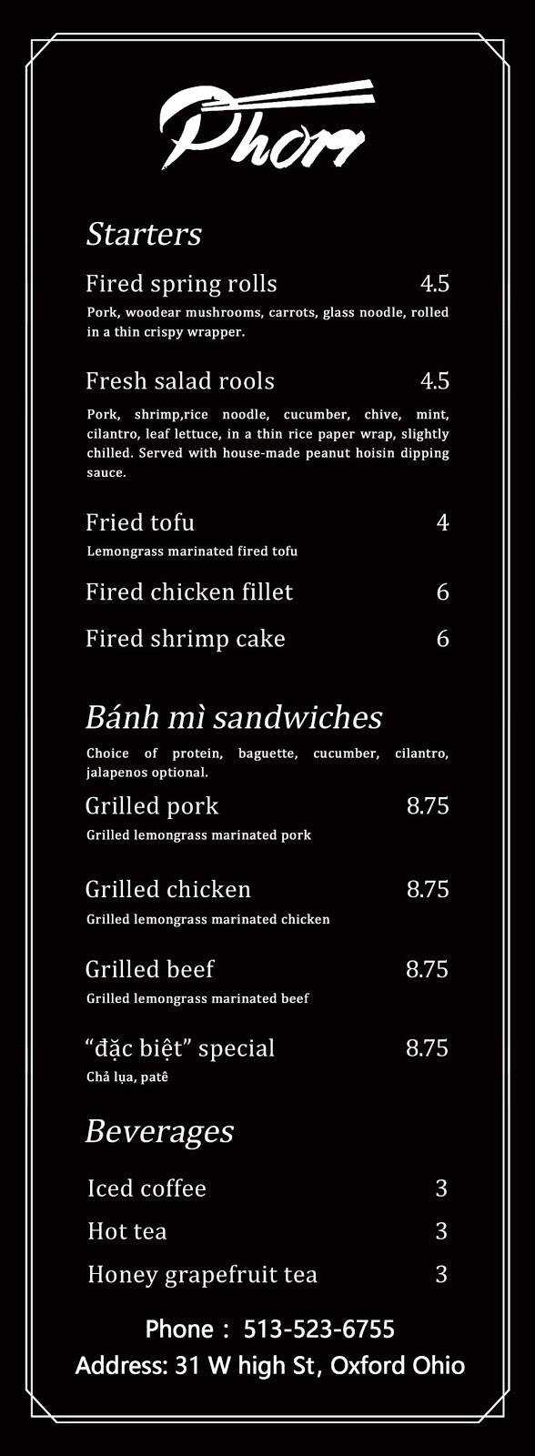 pho19 | restaurant | 31 W High St, Oxford, OH 45056, USA | 5135236755 OR +1 513-523-6755