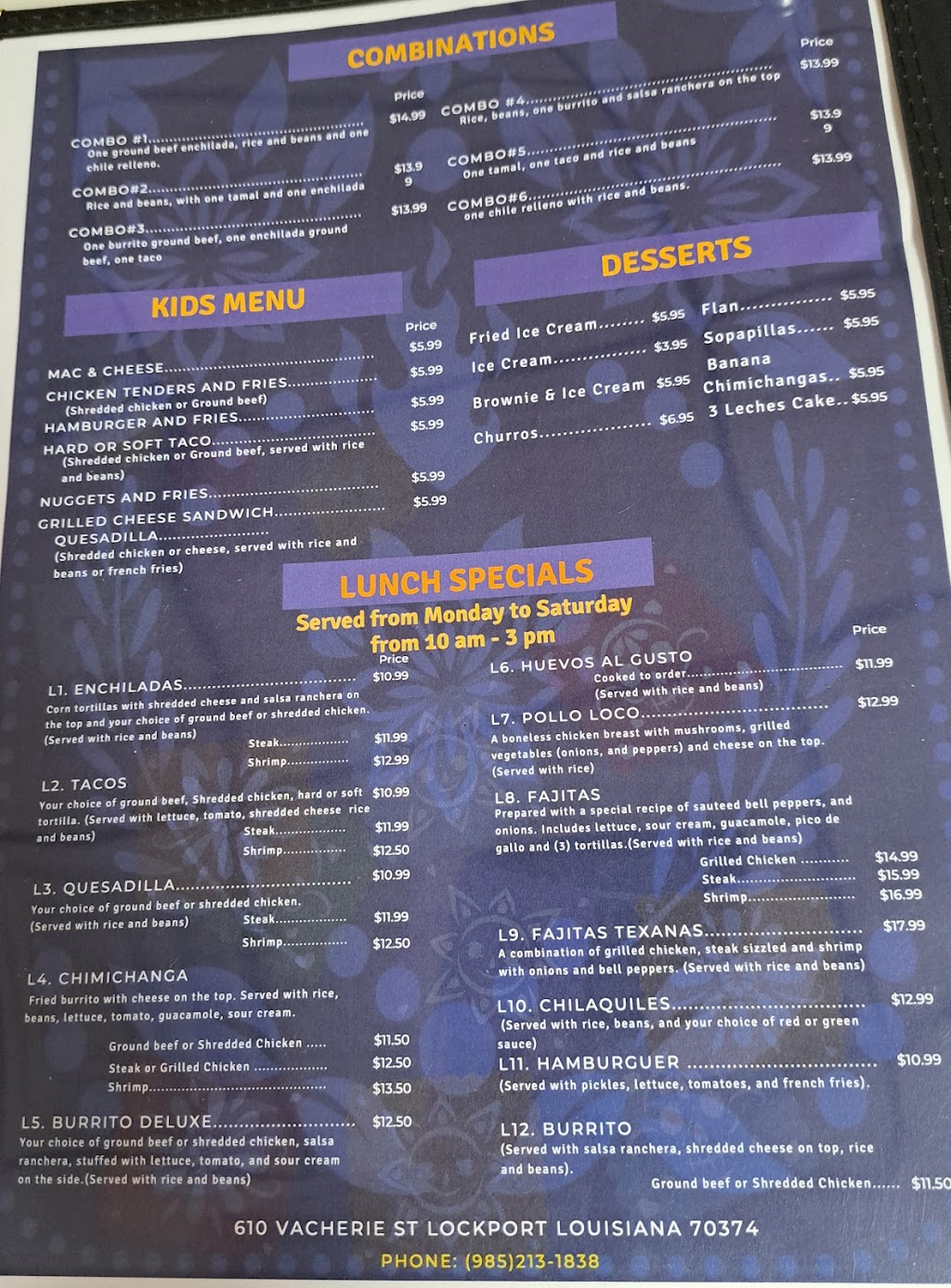 La Terraza Restaurant | restaurant | 610 Vacherie St, Lockport, LA 70374, USA | 9852131838 OR +1 985-213-1838