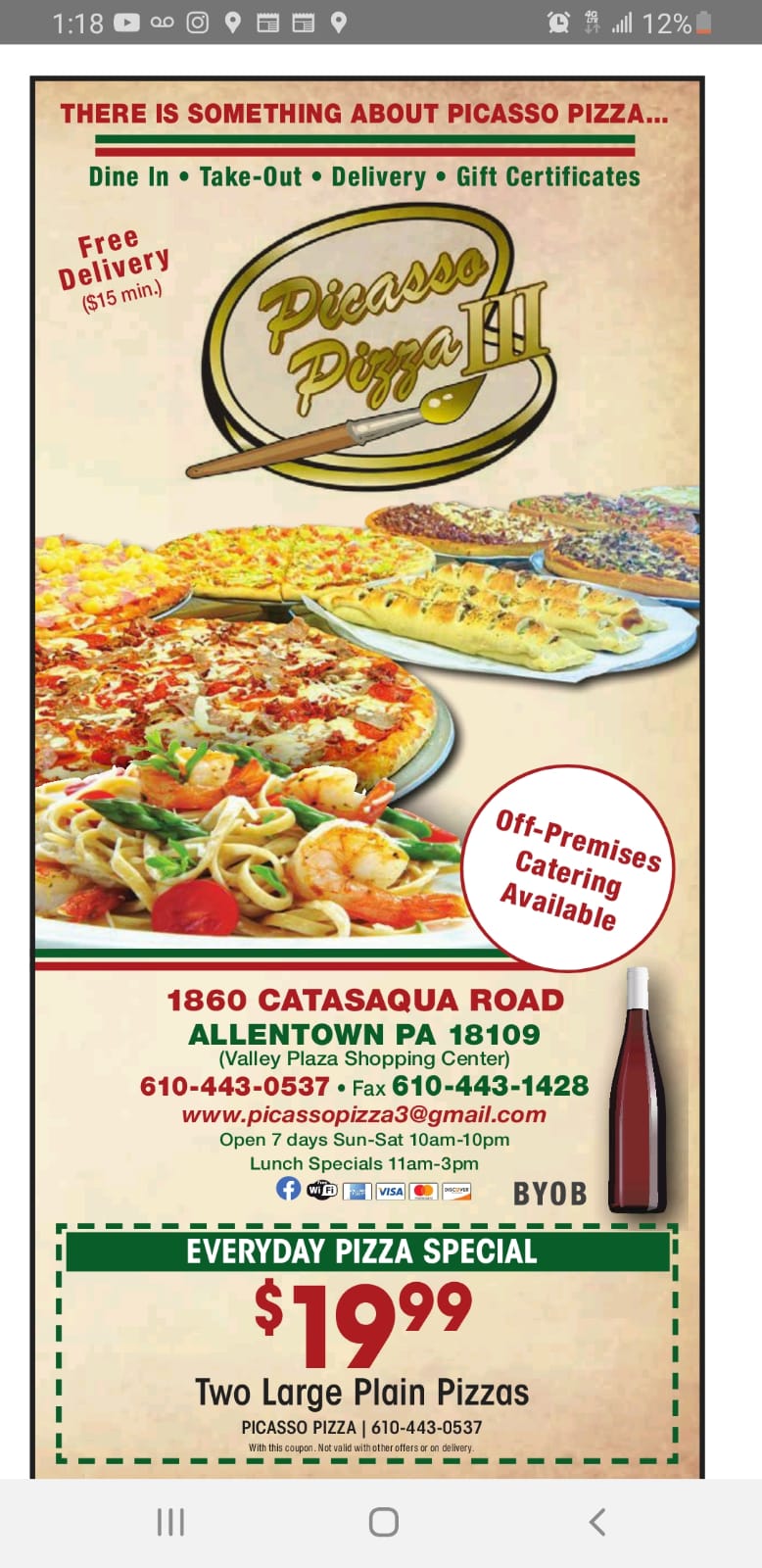 Picasso pizza III | restaurant | 1860 Catasauqua Rd, Allentown, PA 18109, USA | 6104430537 OR +1 610-443-0537
