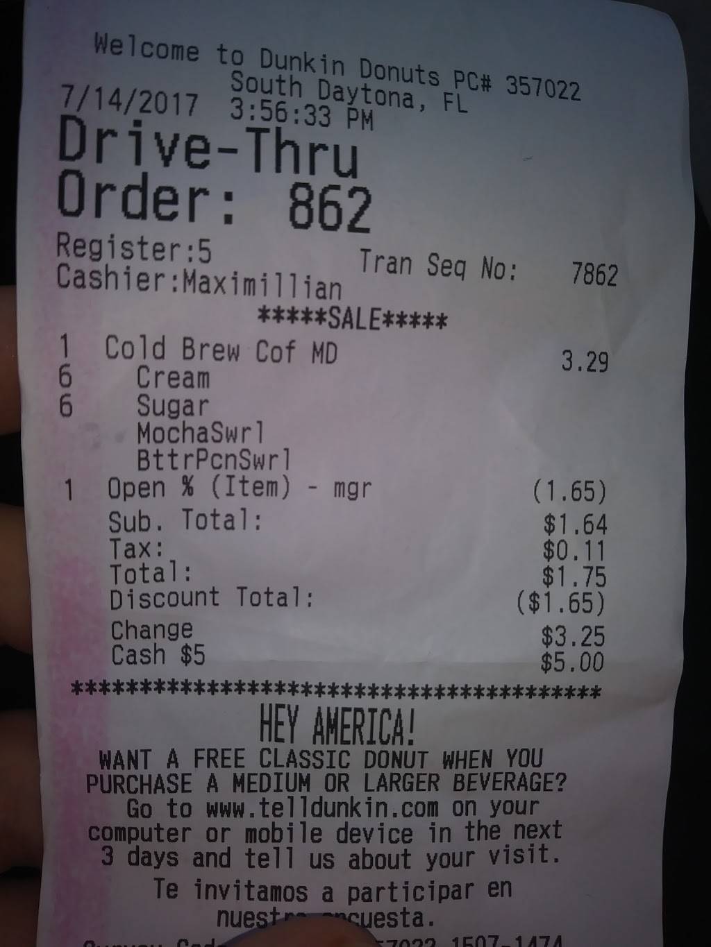 Dunkin | bakery | 2450 S Ridgewood Ave, South Daytona, FL 32119, USA | 3863170915 OR +1 386-317-0915