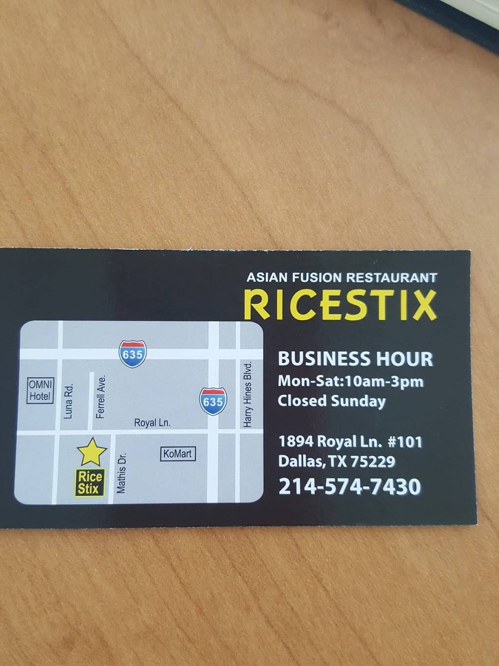RiceStix | restaurant | 1894 Royal Ln, Dallas, TX 75229, USA | 2145747430 OR +1 214-574-7430