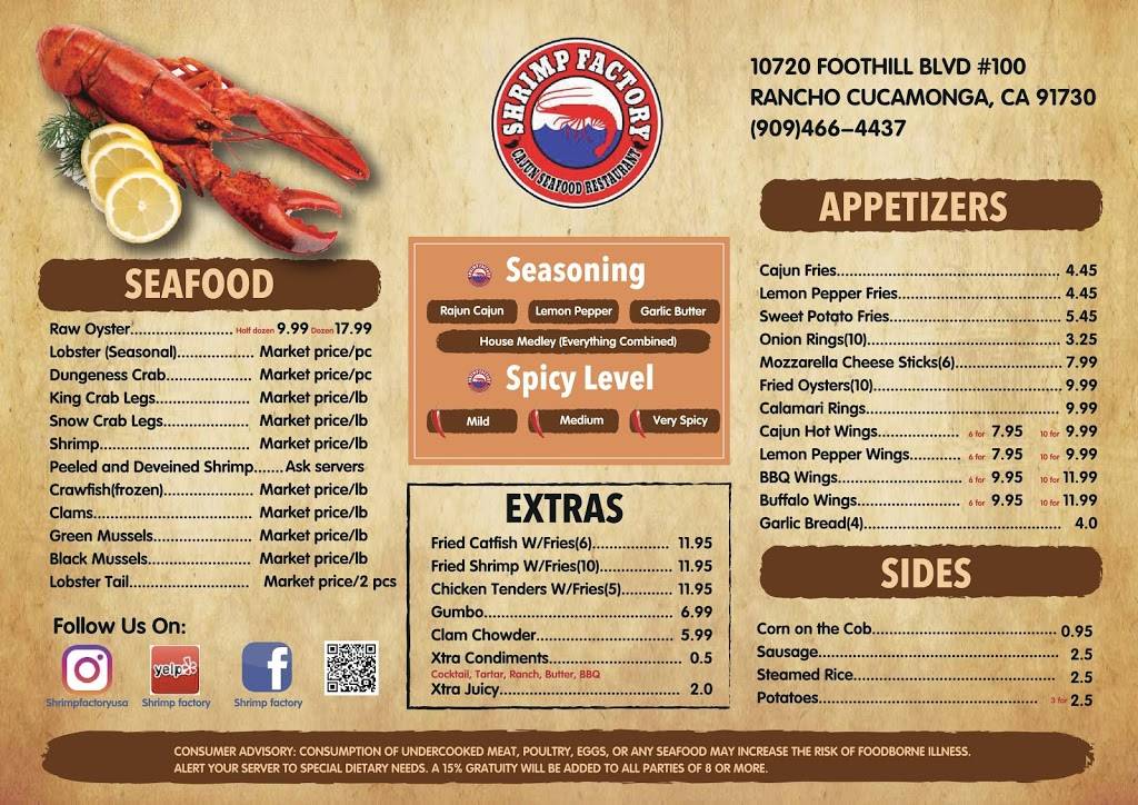 Shrimp Factory | restaurant | 10720 Foothill Blvd Suite 100, Rancho Cucamonga, CA 91730, USA | 9094664437 OR +1 909-466-4437