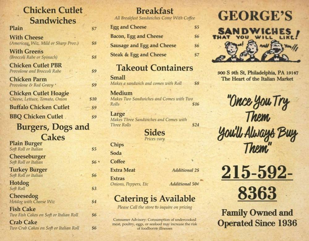 Georges Sandwich Shop | restaurant | 900 S 9th St, Philadelphia, PA 19147, USA | 2155928363 OR +1 215-592-8363