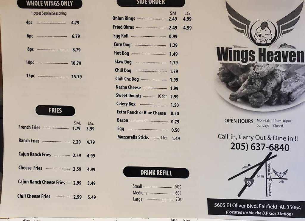 Wings Heaven | restaurant | 5605 E J Oliver Blvd, Fairfield, AL 35064, USA | 2056376840 OR +1 205-637-6840