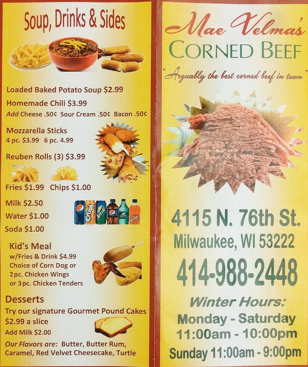Mae Velmas Corned Beef | restaurant | 4101 N 76th St, Milwaukee, WI 53222, USA | 4149882448 OR +1 414-988-2448