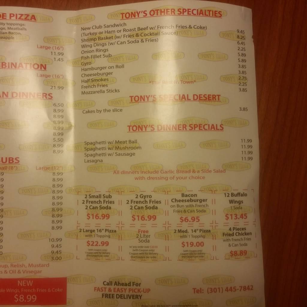 Tonys Villa | restaurant | 7682 New Hampshire Ave, Takoma Park, MD 20912, USA | 3014457842 OR +1 301-445-7842