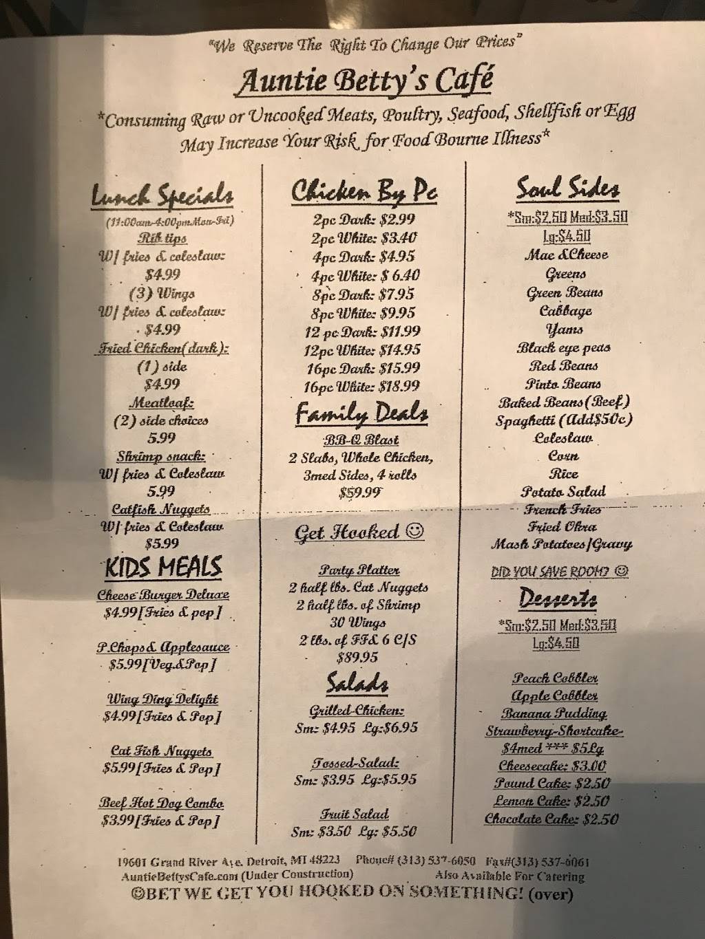 Auntie Bettys Cafe | restaurant | 19601 Grand River Ave, Detroit, MI 48223, USA | 3135376050 OR +1 313-537-6050