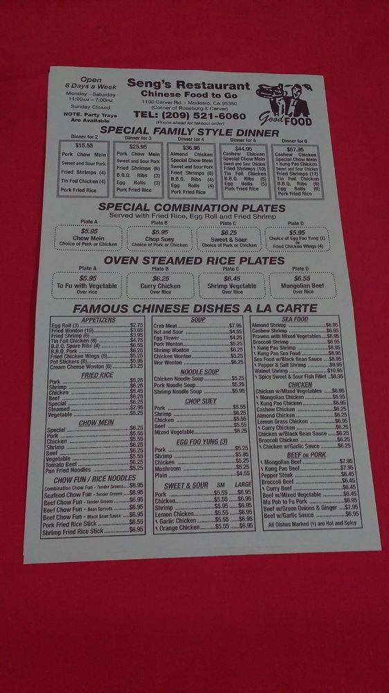 Sengs Restaurant | restaurant | 1100 Carver Rd s, Modesto, CA 95350, USA | 2095216060 OR +1 209-521-6060