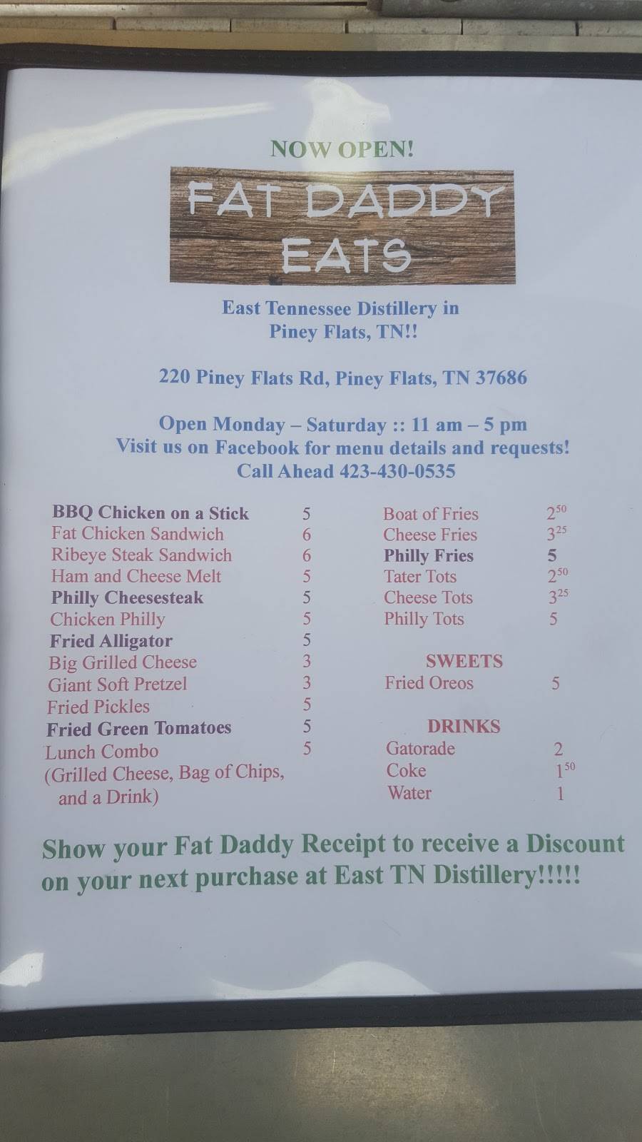 Fat Daddy Eats | restaurant | 220 Piney Flats Rd #11, Piney Flats, TN 37686, USA | 4234300535 OR +1 423-430-0535