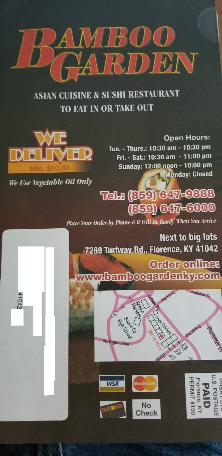 Bamboo Garden Restaurant | restaurant | 7269 Turfway Rd, Florence, KY 41042, USA | 8596476000 OR +1 859-647-6000